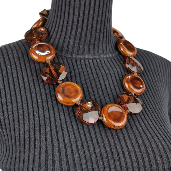 Bold Amber-Tone Statement Necklace Resin Ceramic Beads Ribbon Tie Boho 70s glam - Picture 2 of 5